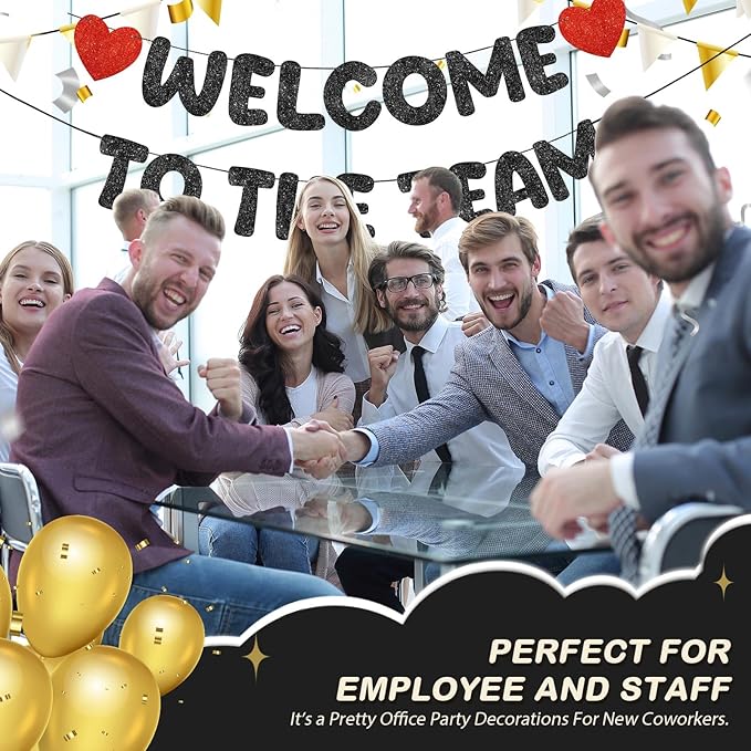 Fulmoon Pre Strung Welcome to The Team Banner with Two Heart Signs, NO DIY, Glitter Welcome Party Supplies for New Employee, Coworker, Colleague, Staff, Team Member Office Decorations(Black)