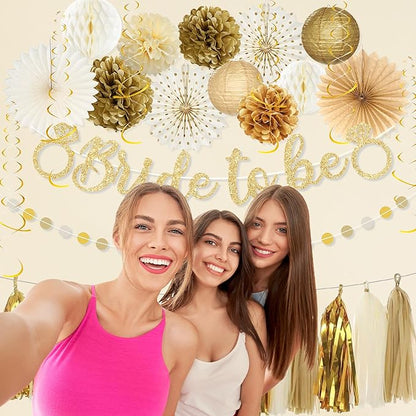 Roetyce Bachelorette Party Decorations, Gold Glitter Bride to Be Banner Paper Fans Pompoms Kit, Women Bridal Shower Party Supplies, Wedding Paper Lanterns Streamers Garland Photo Backdrop Background