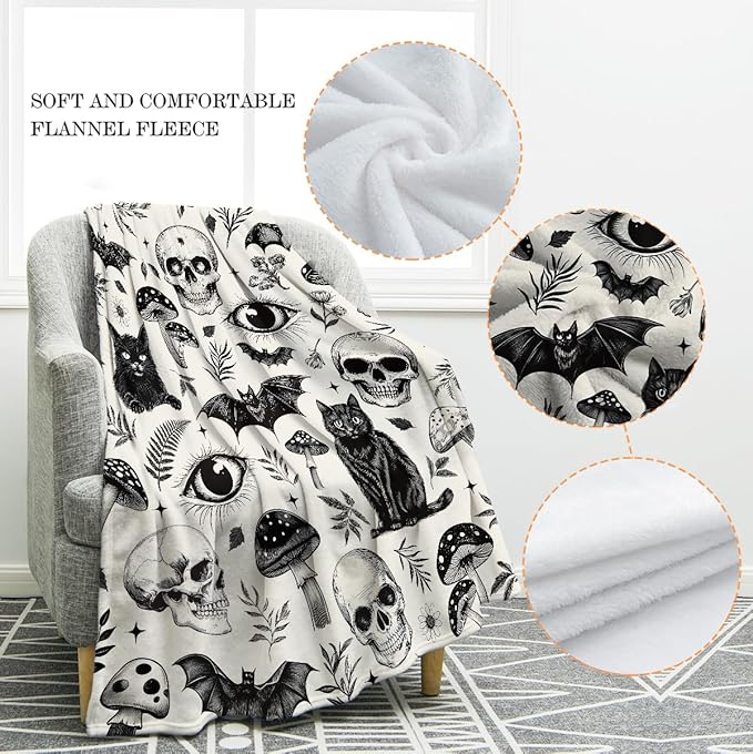 Jekeno Gothic Skull Blanket Cat Bat Mushroom Gifts for Women Men Kids Girls Boys Mom Wife Husband Dad Halloween Birthday Christmas Skeleton Horror Dark Presents Home Bedroom Room Decor Throw 50"x60"