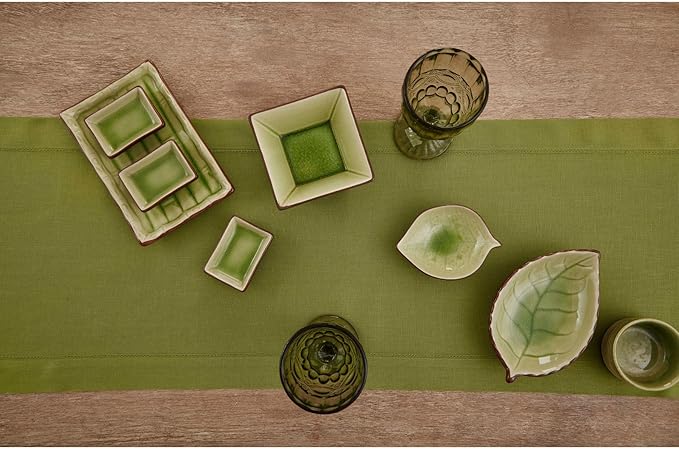 Solino Home Linen Avocado Green Table Runner 72 Inches Long - 100% Pure Linen Hemstitch Table Runner 14 x 72 Inch for Dresser, Dining, Fall, Autumn - Classic Hemstitch