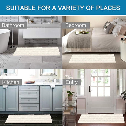 H.VERSAILTEX Bath Rugs for Bathroom Non Slip Bath Mats Extra Thick Chenille Striped Bath Rug Runners 47" x 17" Absorbent Fluffy Soft Shaggy Mats Dry Fast Plush Area Carpet for Bath Room - Ivory
