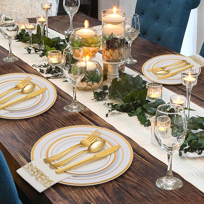 Goodluck 350 Piece Gold Dinnerware Set for 50 Guests, Plastic Plates Disposable for Party, Include: 50 Gold Rim Dinner Plates, 50 Dessert Plates, 50 Paper Napkins, 50 Cups, 50 Gold Silverware Set