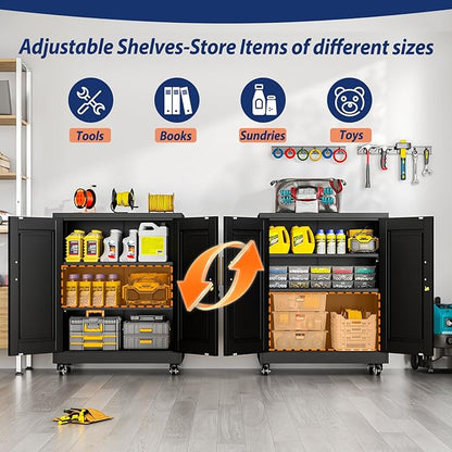 Metal Storage Cabinet-35” Tall Steel File Cabinets with Lockable Doors and Adjustable Shelves, Steel Tool Cabinet with Wheel for Home, School, Office, Garage Black