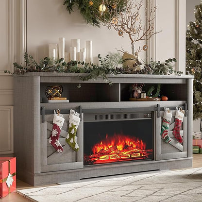 YESHOMY Fireplace TV Stand for Television up to 65+ Inch with Storage and Farmhouse Sliding Barn Doors, Entertainment Center with Cabinet and Shelves, Media Console for Living Room,Gray