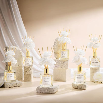 Cocorrína Reed Diffuser Set,6.7oz (200ml) Gardenia Scented Diffuser with 3 White Rose Foam Flowers & Cotton Sticks, Home Fragrance Reed Diffuser for Bathroom Shelf Decor