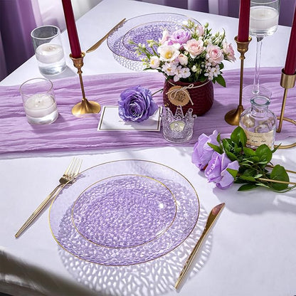 Rubtlamp 100Pcs Purple Gold Plastic Plates, Purple Disposable Plates With Gold Rim, Hammered Plastic plates Include 50 Clear Dessert Platos, 50 Dinner Platos for Party