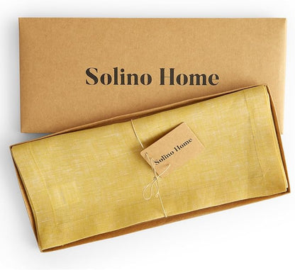 Solino Home Linen Table Runner 90 Inches Long - Athena, 100% Pure Linen Chambray Lemon Yellow Table Runner 14 x 90 Inch