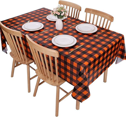 Kesfey 3 Packs Fall Orange Buffalo Check Plaid Tablecloth 54 x 108 Inches Waterproof Autumn Thanksgiving Gingham Table Cloth Disposable Orange and Black Plastic Checkered Picnic Tablecover for Camping