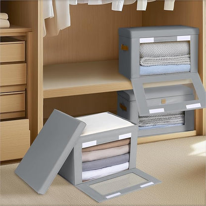 Small Fabric Storage bins - Collapsible Storage Bins with Open Window, 5 Pack Closet Baskets for Shelves, Stackable Decorative Boxes for Home, Dorm, Grey, 13.7"x 9.8" x 9.8"