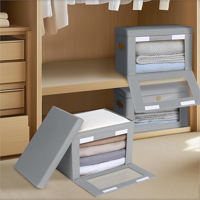 Small Fabric Storage bins - Collapsible Storage Bins with Open Window, 4 Pack Closet Baskets for Shelves, Stackable Decorative Boxes for Home, Dorm, Grey, 13.7"x 9.8" x 9.8"