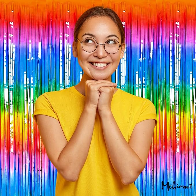 4 Pack Rainbow Fringe Curtain Backdrop, 3.2Ft x 8.2Ft Metallic Tinsel Foil Fringe Streamers Background for Photo Booth Birthday Wedding Baby Shower Party Thanksgiving Christmas Decorations New