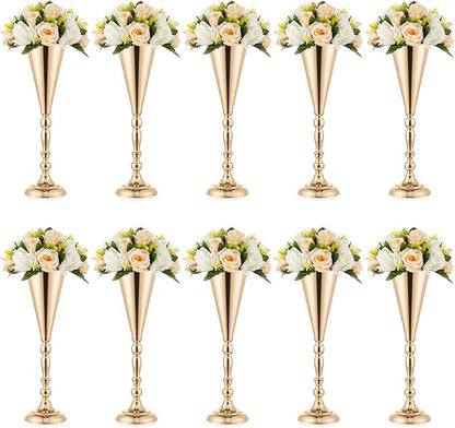Gold Vase Centerpiece Table Decorations - 10 Pcs Metal Tabletop Flower Stand, Wedding Decorations for Reception, 16.5in Trumpet Tall Flower Vase for Birthday, Weddings, Anniversary, Home Decor