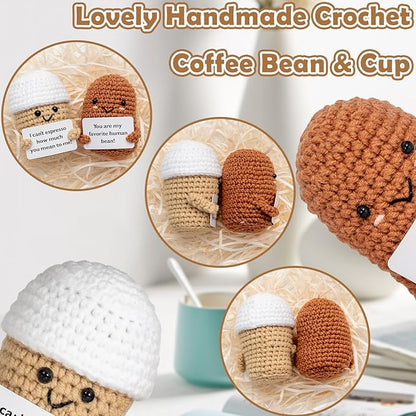 2 Pcs Coffee Gifts Mini Emotional Support Crochet Coffee Bean Set - Espresso Love And Favorite Human Bean, Cool Emotional Support Plush Gift for Latte Lover, Crochet Office Decor for Women Men