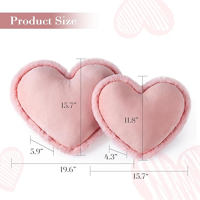 AELS Heart Shaped Pillow, Set of 2, Heart Decorative Throw Pillows, Soft Velvet Love Pillows with Faux Fur Fringe, Cute Pillow 20 & 16 Inches, Valentines Day Decorations, Wedding Decor, Pink