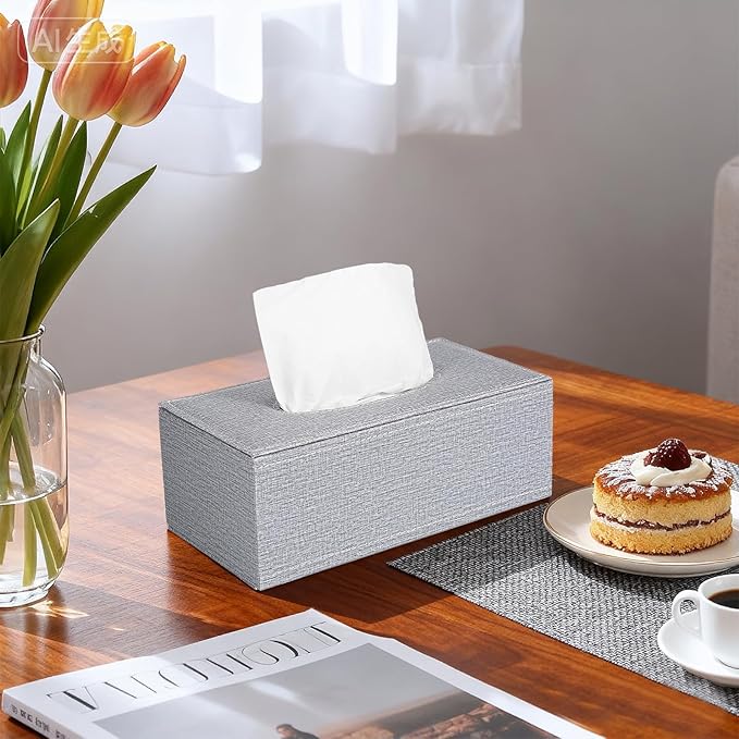4 Pack Tissue Box Cover Rectangle, Linen Tissue Box with Magnetic Bottom, Napkin Facial Tissues Holder Dispenser, Decorative Tissue Holder for Bathroom Toilet Bedroom Living Room Office, Grey