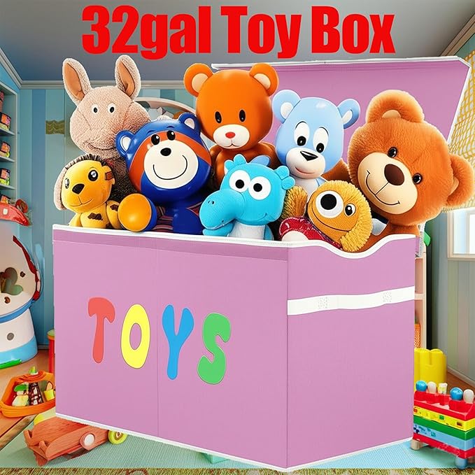 Toy Box Chest, Collapsible Sturdy Storage Bins with Lids, Extra Large Kids Toy Storage Organizer Boxes Bins Baskets for Kids, Boys, Girls, Nursery Room, Playroom, Closet (Classical Pink)