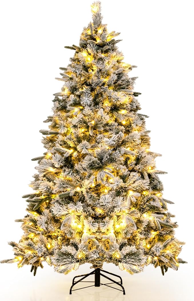 GOFLAME 7 FT Pre-Lit Christmas Tree with Pine Needles, Snow Flocked Christmas Tree with 300 Warm White LED Lights & 1096 Mixed Branch Tips, Hinged Xmas Decoration Tree for Home, Office, Carnival