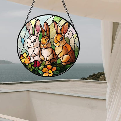 Stained Glass Window Hanging - 3 Cute Rabbits Suncatcher for Doors Garden Patio Bunny Sun Catchers Decor Christmas Mother's Day Birthday Teenager Gifts for Women Men Mom Nana Friend 7.8 in
