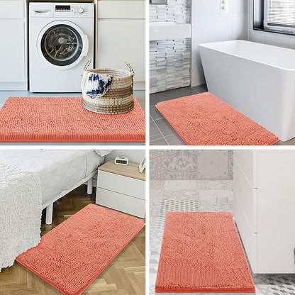 Smiry Luxury Chenille Bathroom Rugs 24x16, Extra Soft and Absorbent Shaggy Bath Mat, Machine Washable, Non-Slip Plush Carpet Runner for Tub, Shower, and Floor, Home Decor Accessories, Coral