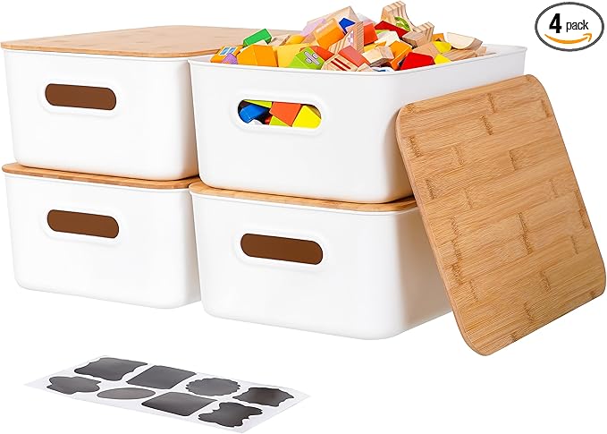 Citylife 4 PCS Storage Bins with Bamboo Lids Plastic Storage Containers for Organizing Stackable Storage Box with Handle, 14 x 10.6 x 6.18 inch