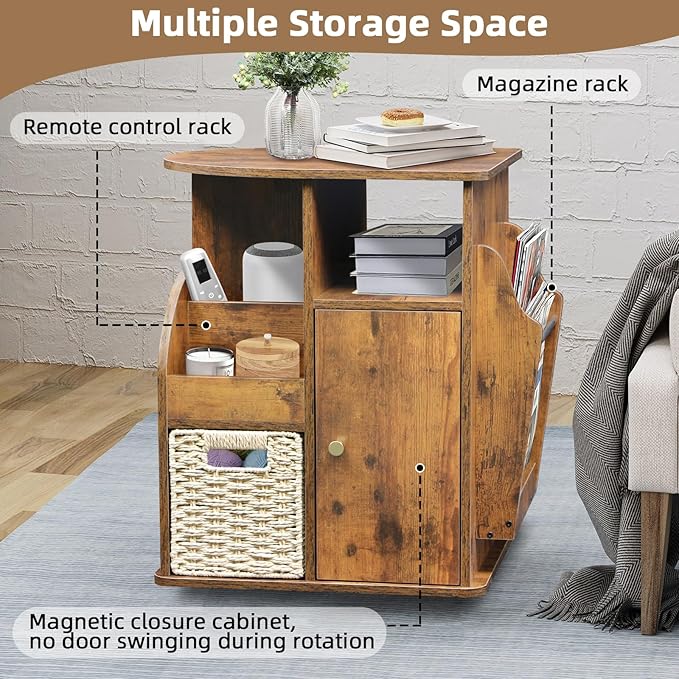 TooCust Rotating End Table with Storage, Swivel Side Table Living Room, Side Table with Magazine Holder, Basket and Cabinet, Sofa Side Farmhouse End Tables with Open Shelf (Rustic Brown)