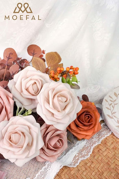 25Pcs 3 Inch Artificial Foam Roses, Terracotta Sunset Palette with Burnt Orange & Nude Shades, Realistic Flowers for DIY Boho Wedding Bouquets, Centerpieces, Fall Decor