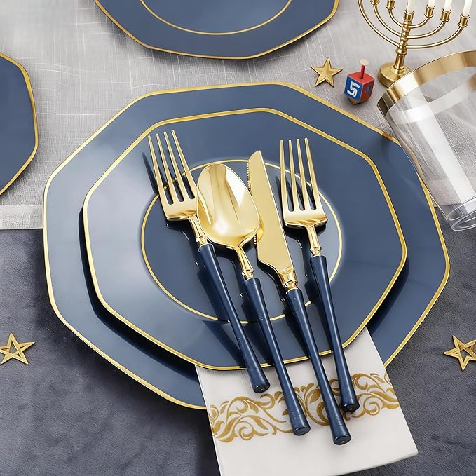 KIRE 140Pcs Blue Plastic Plates with Gold Rim - Gold Disposable Plastic Silverware with Blue Handle&Clear Cups&Hand Napkin - Geometric Party Plates for Hanukkah/Holiday/Party