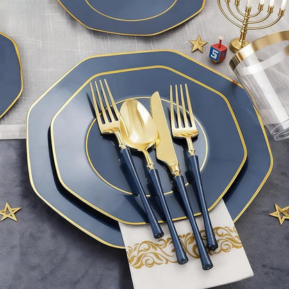 KIRE 140Pcs Blue Plastic Plates with Gold Rim - Gold Disposable Plastic Silverware with Blue Handle&Clear Cups&Hand Napkin - Geometric Party Plates for Hanukkah/Holiday/Party