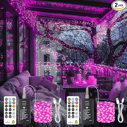 HXWEIYE Rechargeable Fairy Lights with Remote, 2 Pack 33ft 100LED Twinkle Lights with DIY Timer & Light Sensor, Waterproof Outdoor String Lights for Bedroom Patio Christmas Tree Decor, Pink