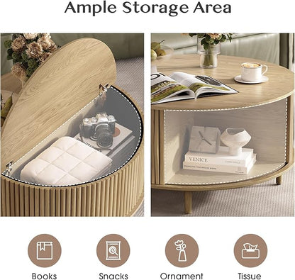 Round Coffee Table with Storage, 31.5" Natural Oak Fluted Center Table with Sliding Door, Modern Circle Drum Table for Living Room, Scandi Wood Furniture for Small Spaces