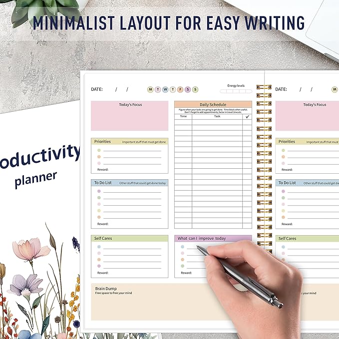 ADHD Daily Planner - Productivity Planner & Undated Task Management Organizer for Neurodivergent Adults, Focused Planners for Men & Women - B5 Blue Flowers