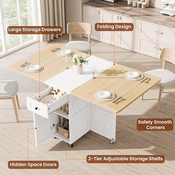Space Saving Folding Dining Table for 2-4, Farmhouse Foldable Dining Table with Drawer and Storage Shelf, 6 Wheels Drop Leaf Kitchen Dining Room Table for Small Space (Natural, 47.2" x 23.6" x 29.9")