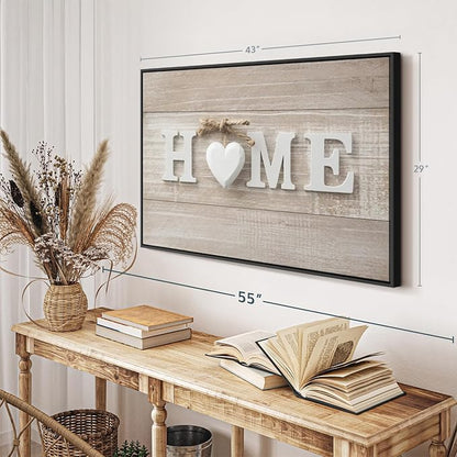 ElephantStock Home Sign Wall Art - Horizontal Floating Framed Canvas - 1-Piece Living Room Wall Decor - Photography Typography Canvas Print - Brown and Beige Decor for Wall - 43" X 29"