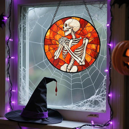 Stained Glass Window Hanging - Halloween Decorations Fear Skeleton Suncatcher for Doors Garden Indoor Spooky Funny Sun Catchers Gothic Decor Horror Gifts for Women Men Friend 15 in