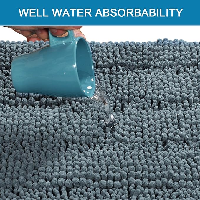 H.VERSAILTEX 2 Piece Bathroom Set - Absorbent Chenille Bath Mats & Non-Skid Machine Washable Rugs (Stone Blue, 47 x 17 Plus 17 x 24 - Inches)