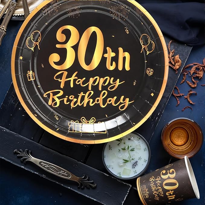 96pcs 30th Birthday Party Disposable Tableware Set for Men Women Black and Gold Paper Plates for 24 Guest Party Supplies （Include plates，cups and napkins）
