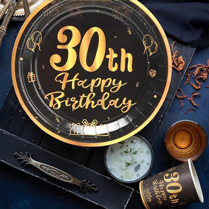 96pcs 30th Birthday Party Disposable Tableware Set for Men Women Black and Gold Paper Plates for 24 Guest Party Supplies （Include plates，cups and napkins）