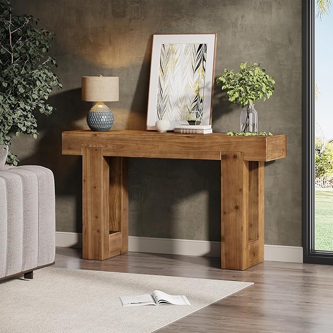 Tribesigns 55-Inch Long Console Table, Solid Wood Rectangular Sofa Table Behind The Couch, Farmhouse Entryway Table for Entrance, Hallway, Living Room (Solid Wood, Warm Brown)