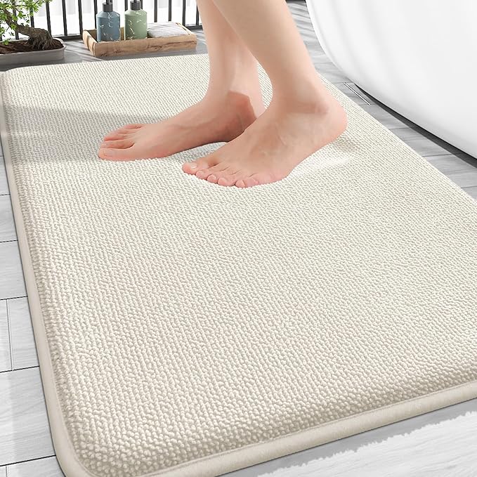 OLANLY Thick Memory Foam Bath Mat Rug 34x21, Extra Soft Absorbent Bathroom Rug, Quick Dry Bath Mats, Non-Slip, Machine Washable Carpet for Bathroom, Tub and Shower, Home Decor Accessories, Ivory