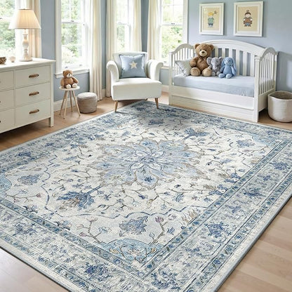 Area Rugs 6'x9' Washable Non-Slip, Floral Vintage Distress Print Pattern Medallion Carpet for Living Room Bedroom Dining Room, Light Blue Navy Beige Gray White