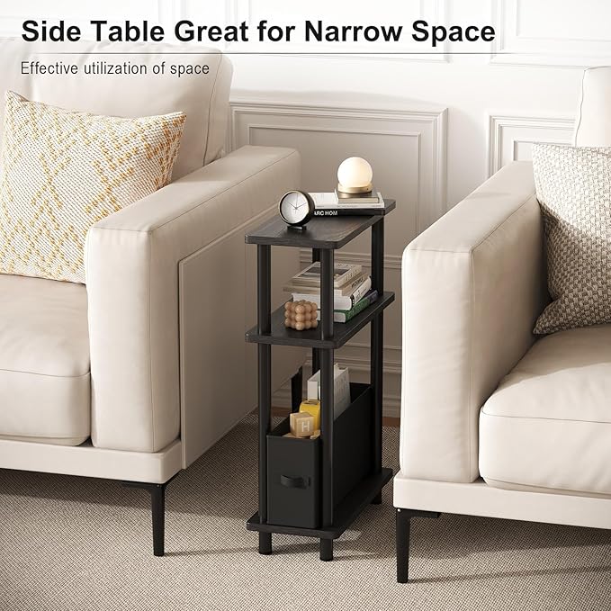 Apicizon Small Narrow Side Table, 3-Tier Skinny End Table withFabric Basket, Slim Nightstand Bedside Table for Small Spaces, Living Room, Bderoom, Black