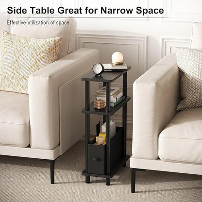 Apicizon Small Narrow Side Table, 3-Tier Skinny End Table withFabric Basket, Slim Nightstand Bedside Table for Small Spaces, Living Room, Bderoom, Black