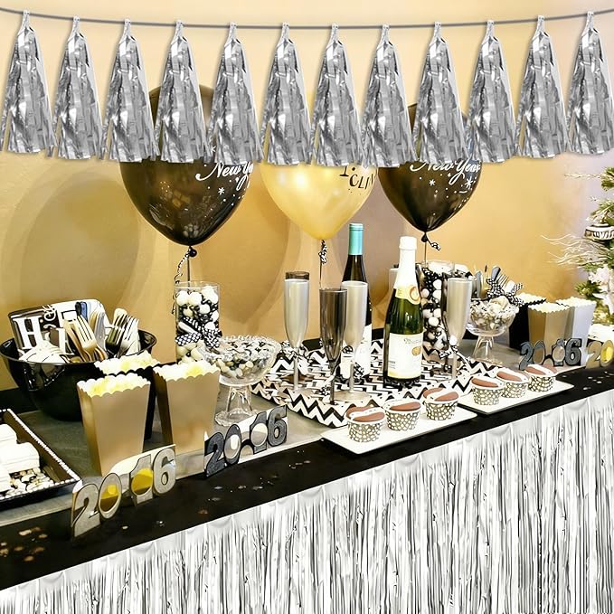 3P Silver Tassel Banner Garland Metallic Foil Fringe Banner Tinsel Tassels Streamer Banner Backdrop for Parade Floats, 2025 Graduation Decorations, Christmas, Wedding Party Decoration