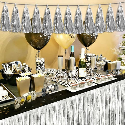 3P Silver Tassel Banner Garland Metallic Foil Fringe Banner Tinsel Tassels Streamer Banner Backdrop for Parade Floats, 2025 Graduation Decorations, Christmas, Wedding Party Decoration
