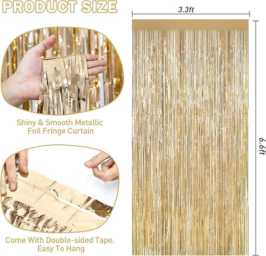 Champagne Gold Tinsel Backdrop Foil Fringe Curtains - 2 Packs Door Streamers Backdrop for Birthday Door Decorations, Party Supplies for Bachelorette, Graduation, Christmas, Disco Decor