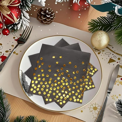 100 Pcs 6.5x6.5 Inch Disposable Black Gold Dot Paper Napkins