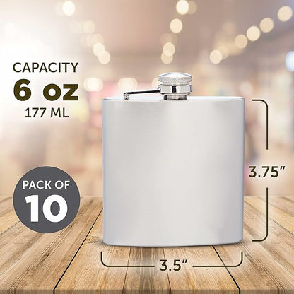 Murano Stainless Steel Hip Flasks 6 oz. Set of 10, Bulk Pack - Screw on Cap, Great for Wedding Party Gifts, Groomsmen Gifts, Outdoor Activities - Silver