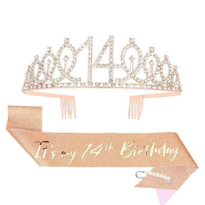 CIEHER 14th Birthday Crown and Sash for Girls, It's My 14 Bday Sash, 14th Birthday Decorations Rose Gold