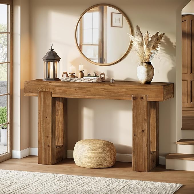 Tribesigns 55-Inch Long Console Table, Solid Wood Rectangular Sofa Table Behind The Couch, Farmhouse Entryway Table for Entrance, Hallway, Living Room (Solid Wood, Warm Brown)