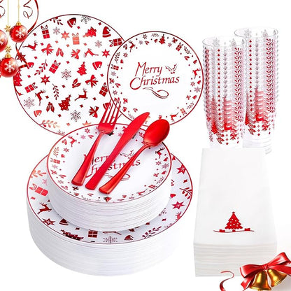 Ciaell 175PCS Christmas Plastic Plates - Red Plastic Plates - Christmas Disposable Dinnerware Sets Include 50Plates, 75Silverware, 25 Cups and 25Napkins for Xmas Parties